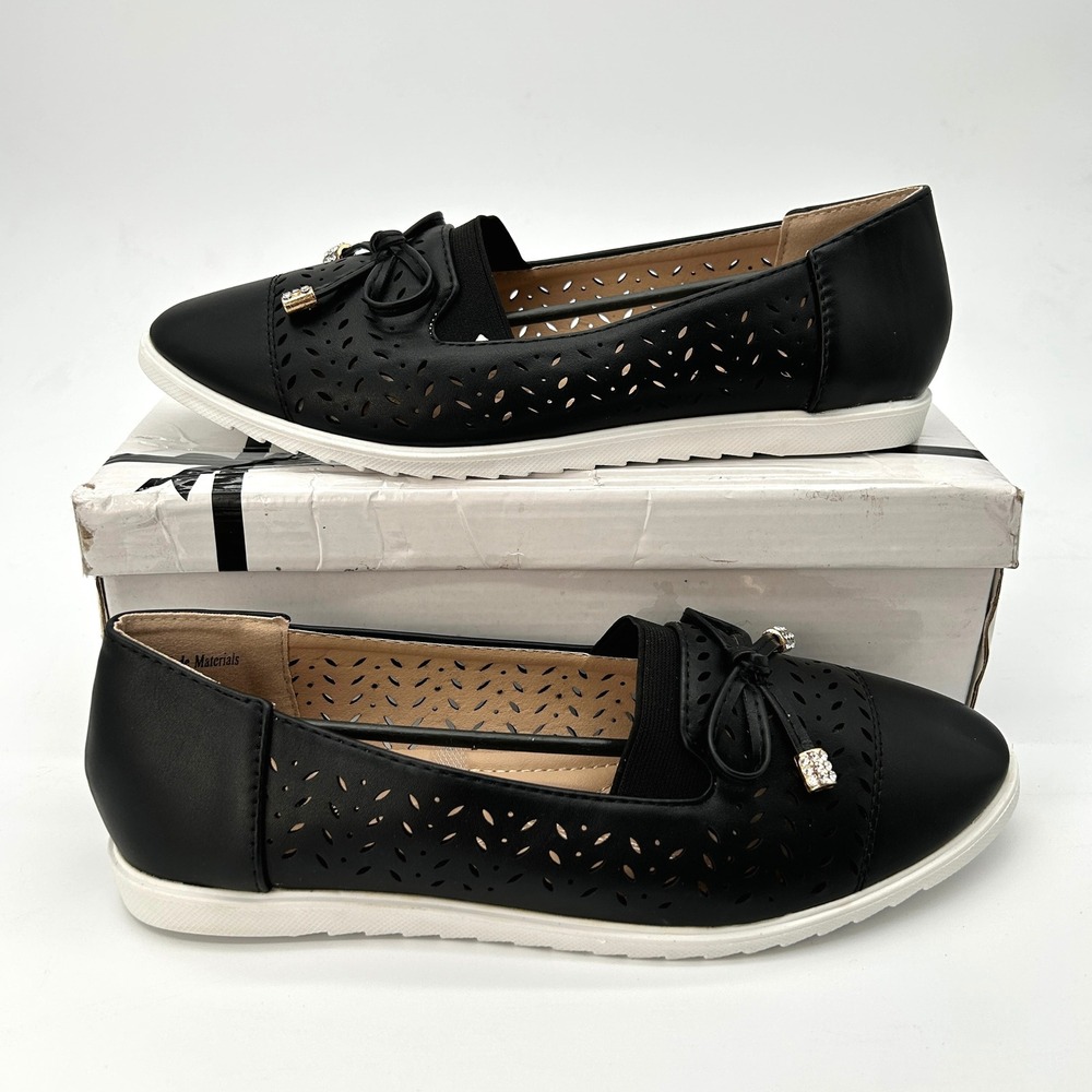Womens Flats Victoria K Size 10 Comfortable Shoes Black Bow Perforated NEW